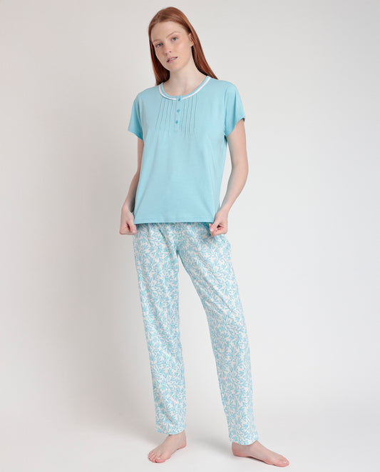 Pigiama estivo donna t-shirt e pantalone lungo azzurro polvere Admas