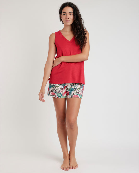Pigiama estivo donna canotta rossa e pantaloncino foglie multicolore Admas