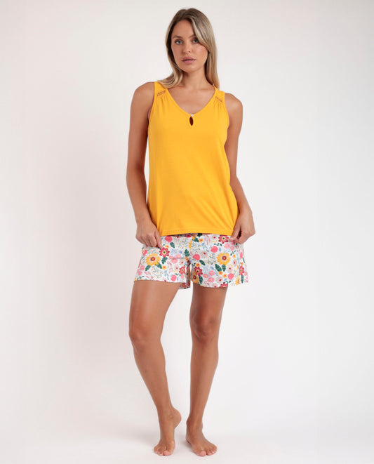 Pigiama estivo donna canotta gialla e pantaloncino fiori multicolore Admas