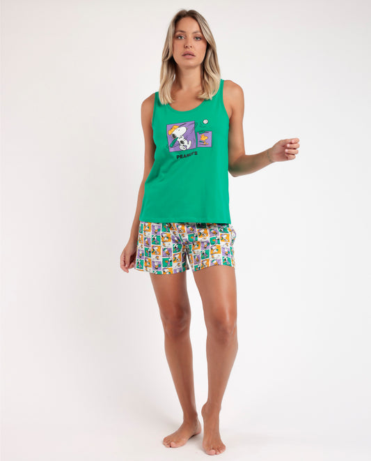 Pigiama estivo donna canotta e pantaloncino verde Snoopy Admas