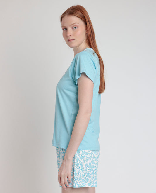 Pigiama estivo donna t-shirt e pantaloncino azzurro cielo foglie Admas