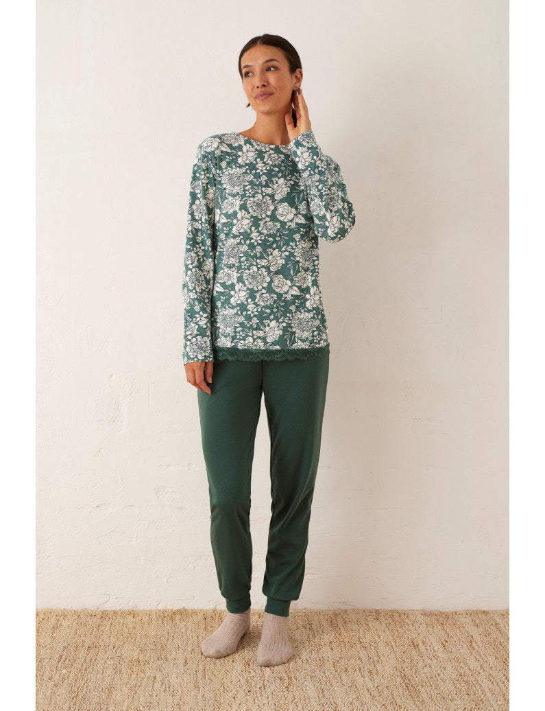 Pigiama donna invernale verde floreale Promise
