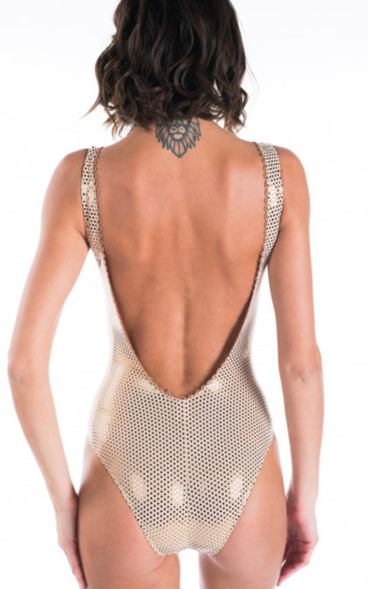 PIN-UP STARS - Costume Intero Lamina Pois Scollo Intrecciato