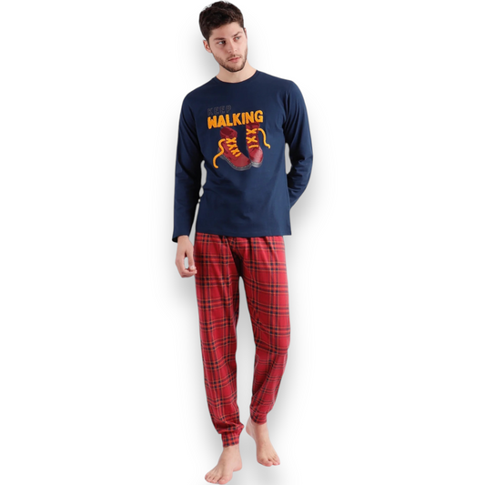 Pigiama uomo invernale con T-Shirt blu e pantalone a quadri Admas