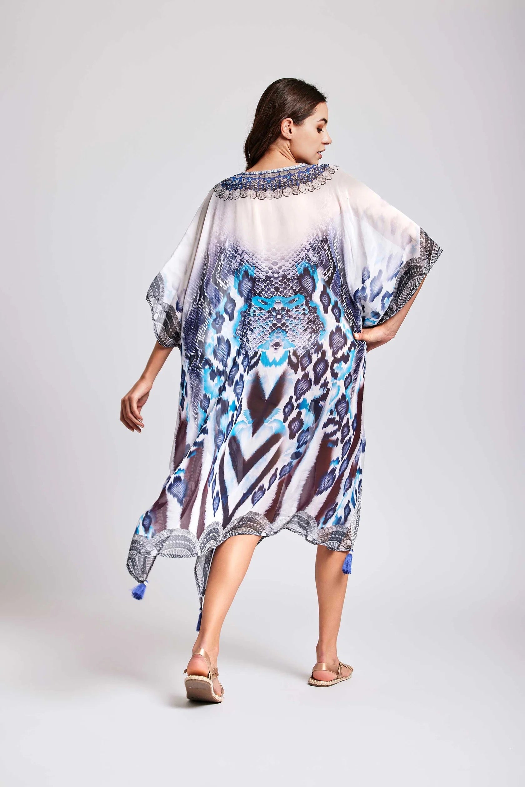 Abito mare caftano corto marrone e azzurro David – FR HOME