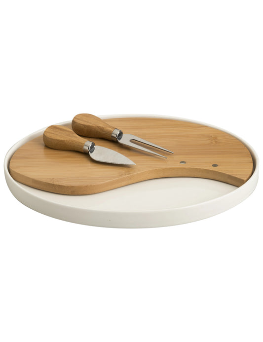 Tagliere porcellana e bamboo con 2 coltelli Inox formaggi Brandani